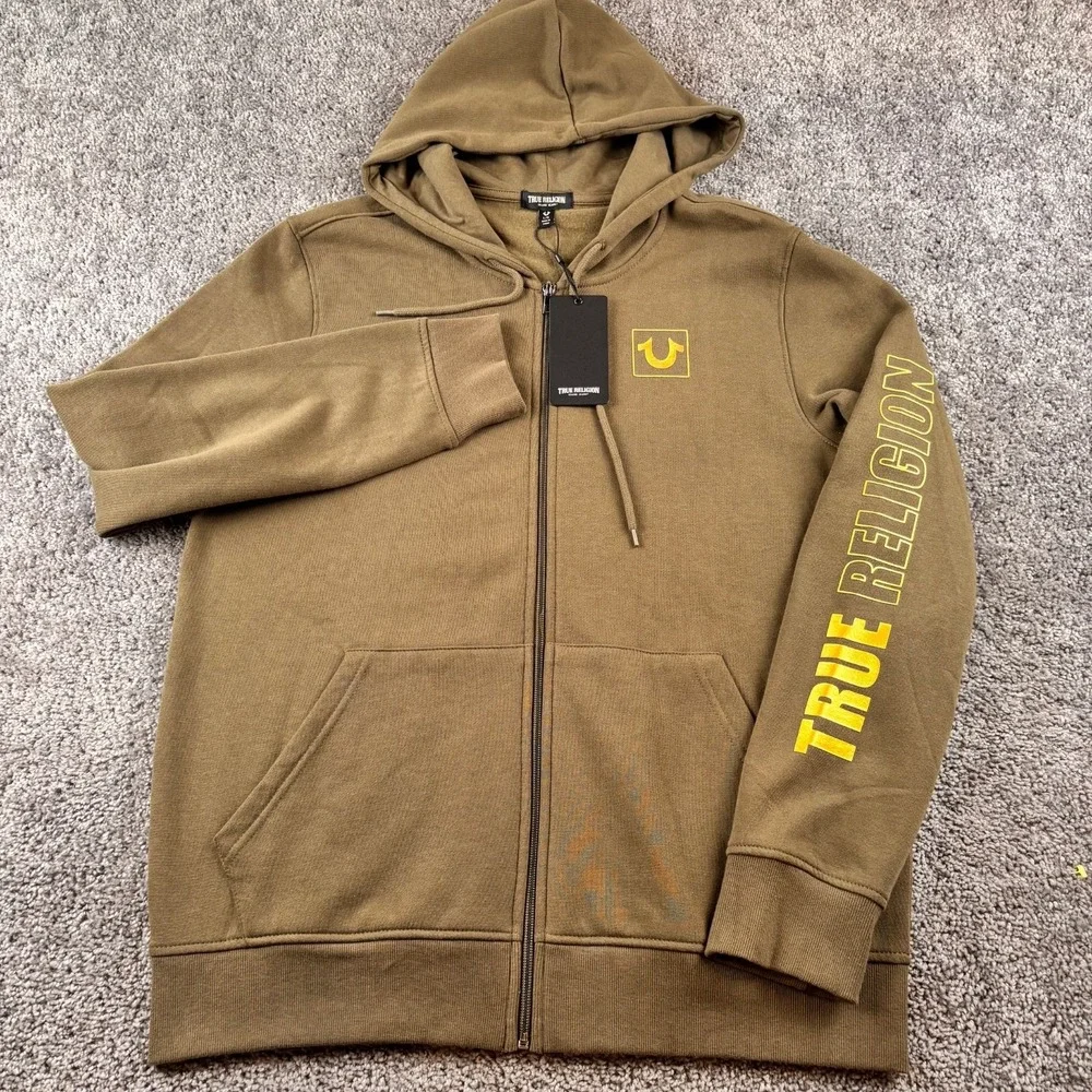 NEW True Religion Full Zip Hoodie Mens L Olive Green Graphic Print
